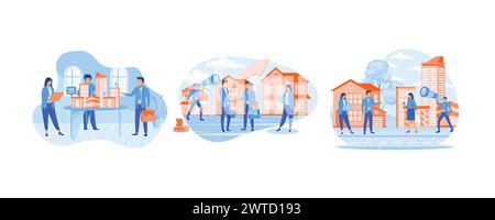 Concetto di business immobiliare con case. Crescita del mercato immobiliare. Selezione della casa e ricerca. Impostare l'illustrazione moderna del vettore piatto Illustrazione Vettoriale