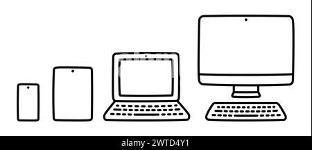 Set di dispositivi elettronici (smartphone, tablet, laptop e computer desktop). Icone disegnate a mano, carino disegno dei cartoni animati. Illustrazione vettoriale. Illustrazione Vettoriale