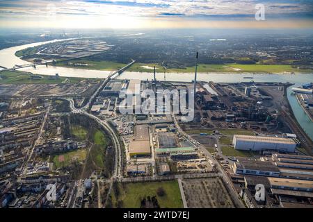 Luftbild, Baustelle am Gewerbegebiet zur Kupferhütte, DK Recycling und Roheisen GmbH ehemalige Kupferhütte, Blick zum Fluss Rhein und logport i, Hochfeld, Duisburg, Ruhrgebiet, Nordrhein-Westfalen, Deutschland, Duisburg-S ACHTUNGxMINDESTHONORARx60xEURO *** Vista aerea, cantiere presso il parco industriale della fonderia di rame, DK Recycling und Roheisen GmbH ex fonderia di rame, vista sul fiume Reno e sul porto i, Hochfeld, Duisburg, regione della Ruhr, Renania settentrionale-Vestfalia, Germania, Duisburg S ACHTUNGxMINDESTHONORARx60xEURO Foto Stock