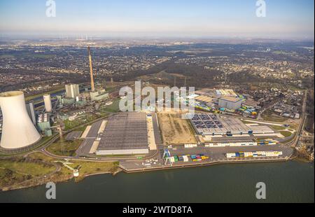 Luftbild, logport vi Baustelle mit Neubau, Logistikunternehmen DSV Halle und STEAG Heizkraftwerk Walsum in Alt-Walsum am Fluss Rhein, Alt-Walsum, Duisburg, Ruhrgebiet, Nordrhein-Westfalen, Deutschland, Duisburg-N ACHTUNGxMINDESTHONORARx60xEURO *** Vista aerea, logport vi cantiere con nuovo edificio, società di logistica DSV Halle e STEAG Walsum impianto di cogenerazione a Alt Walsum sul Reno, Alt Walsum, Duisburg, regione della Ruhr, Renania settentrionale-Vestfalia, Germania, Duisburg N ATTENTIONxMINDESTHONORARx60xEURO Foto Stock