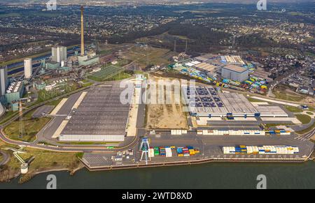 Luftbild, logport vi Baustelle mit Neubau, Logistikunternehmen DSV Halle und STEAG Heizkraftwerk Walsum in Alt-Walsum am Fluss Rhein, Alt-Walsum, Duisburg, Ruhrgebiet, Nordrhein-Westfalen, Deutschland, Duisburg-N ACHTUNGxMINDESTHONORARx60xEURO *** Vista aerea, logport vi cantiere con nuovo edificio, società di logistica DSV Halle e STEAG Walsum impianto di cogenerazione a Alt Walsum sul Reno, Alt Walsum, Duisburg, regione della Ruhr, Renania settentrionale-Vestfalia, Germania, Duisburg N ATTENTIONxMINDESTHONORARx60xEURO Foto Stock