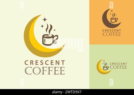 Logo aziendale del caffè Crescent con una tazza e una luna crescente Illustrazione Vettoriale