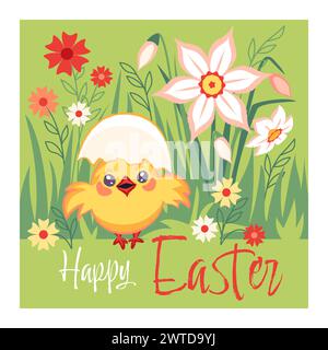 Poster di Pasqua con il personaggio di Happy Holiday, pollo primaverile tra i fiori primaverili Illustrazione Vettoriale