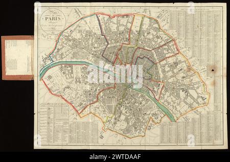 Plan de Paris, divisé en 12 arrondissemens, 1820. 1820 pannello del titolo nell'angolo superiore sinistro. "Table alphabétique de renvois des rues" negli angoli rimanenti, indicizzato al piano etichettato A-J, 1-7. Confini degli arrondissements tracciati a colori. Scala non fornita. Copia Getty montata a pag. [3] di copertura del pannello di pastificio. Etichetta del titolo incisa a P. [1]: Plan de Paris. Foto Stock