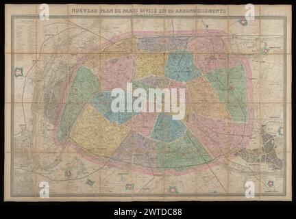 Nouveau plan de Paris divisé en 20 arrondissements : dans un rayon de 10 kilomètres / le plan par CH. Smith, 1873 anni. Smith, CH., cartografo. 1873 edizione attuale non in Vallée, che elenca 8 edizioni tra il 1859 e il 1884. Cfr. L. Vallée, Catalogue des Planes de Paris, 1935-1942. Titolo e impronta nel margine superiore, data in basso al centro. A righe con 266 quadratini numerati, codificati in base a un indice stradale stampato separatamente (privo di copia attuale). Mostra lavori pubblici in corso o pianificati che facevano parte della riprogettazione di Parigi da parte di Haussmann. Arrondissement e forti periferici colorati a mano. "I monumenti, gli edifici Foto Stock