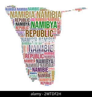 Il paese della Namibia forma la nuvola di parole. Illustrazione del paese in stile tipografico. Immagine Namibia in stile fumetto di testo. Illustrazione vettoriale. Illustrazione Vettoriale