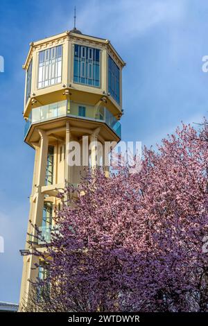 Torre d'avvistamento sull'acqua di Siofok con alberi in fiore in Ungheria viaggi primaverili . Foto Stock