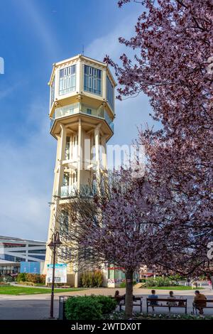 03.15.2024 - Siofok, Ungheria: Torre d'avvistamento sull'acqua di Siofok con alberi in fiore in Ungheria viaggio primaverile . Foto Stock