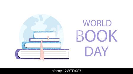 Modello di banner World book e copyright Day. Lettura stack con segnalibro. Vacanze per l'apprendimento e l'istruzione. Illustrazione piatta vettoriale. Illustrazione Vettoriale