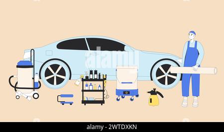 Dettagli dell'auto, rivestimento e lucidatura del veicolo. Riparare l'officina. Illustrazione piatta vettoriale. Illustrazione Vettoriale