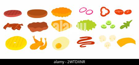 Raccolta di ingredienti per hamburger e panini in stile cartoni animati. Cotolette, verdure, salse. Illustrazione vettoriale isolata su sfondo bianco Illustrazione Vettoriale