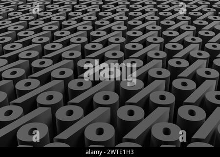 Percentuale iscrizioni nere su podio grigio, luce soffusa, sfondo uniforme per la vista frontale, rendering 3d. Foto Stock