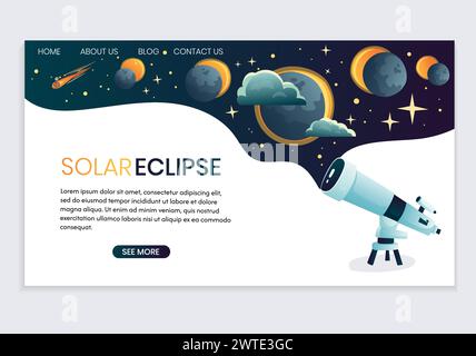 Pagina di destinazione sul tema dell'eclissi solare. Illustrazione Vettoriale