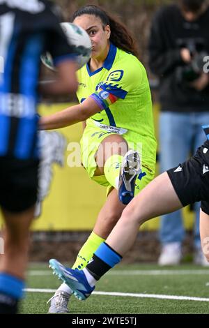 Aalter, Belgio. 16 marzo 2024. Nia Elyn (4) di AA Gent nella foto durante una partita di calcio femminile tra Club Brugge Dames YLA e AA Gent Ladies nella semifinale della stagione 2023 - 2024 dell'edizione belga della Coppa delle donne, domenica 16 marzo 2024 ad Aalter, BELGIO. Crediti: Sportpix/Alamy Live News Foto Stock