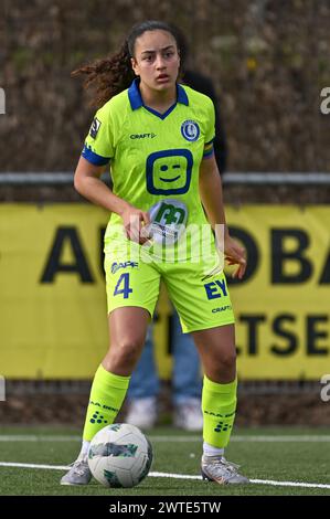 Aalter, Belgio. 16 marzo 2024. Nia Elyn (4) di AA Gent nella foto durante una partita di calcio femminile tra Club Brugge Dames YLA e AA Gent Ladies nella semifinale della stagione 2023 - 2024 dell'edizione belga della Coppa delle donne, domenica 16 marzo 2024 ad Aalter, BELGIO. Crediti: Sportpix/Alamy Live News Foto Stock