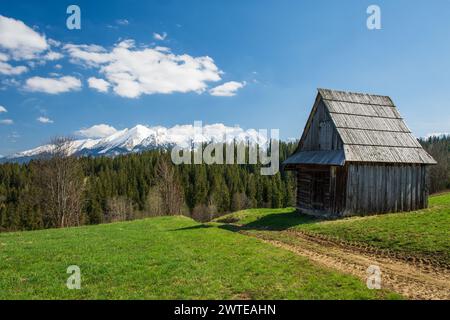 Tradizionale capanna in legno sul prato. Vista primaverile sulle alte montagne Tatra (Vysoke Tatry, Tatry Wysokie) in primavera, giorno di sole con cielo senza nuvole. Foto Stock