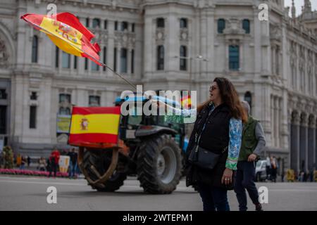 Madrid, Spagna. 17 marzo 2024. Un manifestante inonda una bandiera spagnola durante la dimostrazione. Centinaia di trattori, agricoltori e allevatori dimostrano ancora una volta nel centro di Madrid per chiedere miglioramenti nel settore, chiedono anche aiuti per affrontare la siccità subita dalle campagne, oltre a protestare contro le politiche europee e la loro mancanza di redditività. (Foto di David Canales/SOPA Images/Sipa USA) credito: SIPA USA/Alamy Live News Foto Stock