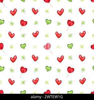Rosso, cuore verde e foglie verdi. Caramelle a forma di cuore. Lollipop sul bastone. Foglie di trifoglio, pianta. Stupido, dolci, bacchetta. Foto Stock