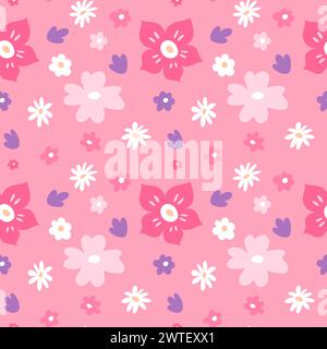 Fiori primaverili senza cuciture. Giardino di piante bellissime. Natura fiorente. Motivo floreale rosa. Elementi ripetuti. Petali Blossom. Gemme Sakura. Floreale p Illustrazione Vettoriale