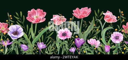 Bordo senza cuciture con fiori primaverili e piante. Tulipani doppi rosa, anemoni multicolori, croci e fiori gialli selvatici. Foto Stock