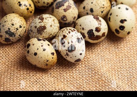 Uova di quaglia maculate fresche su un panno ruvido per sacco. Ingrediente agricolo crudo. Stile rustico. Foto Stock