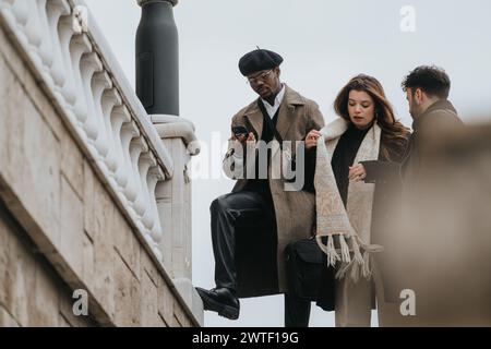Amici di lavoro urbani che condividono momenti di svago in un edificio urbano con abbigliamento casual. Foto Stock