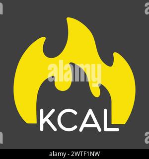 Icona solida del vettore di fuoco kcal su sfondo scuro. Calorie bruciate, segni di bruciatura dei grassi. Simbolo grafico per la progettazione e il log di siti Web e app per la perdita di peso e fitness Illustrazione Vettoriale
