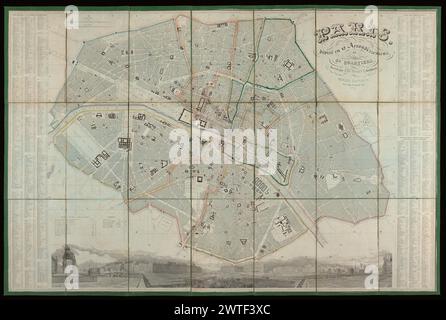 Parigi, divisé en 12 arrondissemens et 48 quartieri / dressé par Toussaint architecte, circa 1840. Toussaint, G. Alvar, cartografo. [Circa 1840] la Vallée elenca tre numeri della mappa attuale, tutti di altri editori, con date congetturali di 1835, 1841 e 1842 o successive. Sulla base di questi altri numeri identifica gli incisori come Laguillermie e Lebel, con lettere di Abel Malo. Cfr. L. Vallée, Catalogue des Planes de Paris, 3050-3052. Titolo in alto a destra. Indice stradale ai bordi sinistro e destro. Barre di scala di 800 tartarughe e 1000 metri. In fondo si trova un panorama della Senna fr Foto Stock