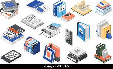 Libri di biblioteca isometrica. Libri digitali e cartacei, elementi di lettura e apprendimento. Istruzione, letteratura e formazione. Libreria o scuola impeccabile Illustrazione Vettoriale