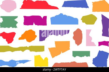 Fogli con bordi strappati. Carta strappata colorata per il design di collage e album. Foglio ornato, elementi piatti di colori diversi, set di vettori neoterici Illustrazione Vettoriale
