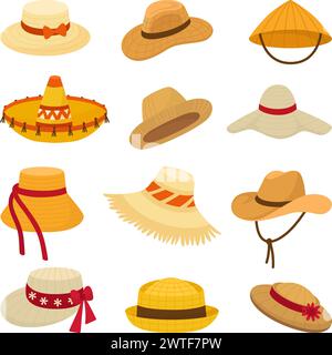 Cappello di paglia. Cappelli diversi per uomini e donne. Stile contadino vietnamita, accessori per la testa per lavorare nei campi, riposare sulla spiaggia o fare passeggiate turistiche, neoterico Illustrazione Vettoriale