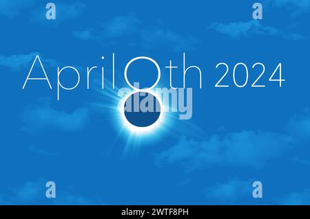 Art to preview the total Solar eclipse in the USA, 8 aprile 2024. Questa è un'illustrazione che simula una visione di un'eclissi totale. Foto Stock