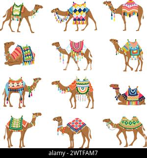 Cammello. Immagini decorative di cammelli provenienti dai deserti del sahara recenti illustrazioni vettoriali serie di illustrazioni stilizzate Illustrazione Vettoriale