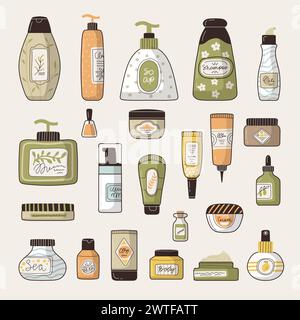 Bottiglie per cosmetici. Articoli per la cura della pelle cosmetici per la protezione dei capelli e del corpo recenti illustrazioni piatte stilizzate vettoriali Illustrazione Vettoriale