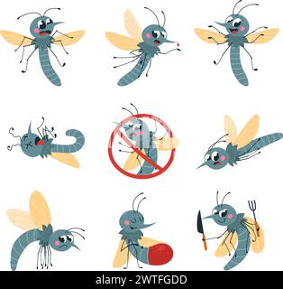 Zanzare cartoni animati. Zanzara divertente isolata in varie pose. Insetti vampiri stagionali, gemme volanti. Parasit foresta, caratteri vettoriali di classe Illustrazione Vettoriale