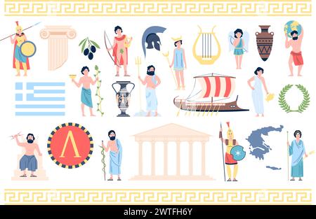 Elementi greci piatti. Monumenti storici della grecia, rovine e antichi vasi. Mitologie e leggende dei ed eroi. Olive e partenone, icone vettoriali recenti Illustrazione Vettoriale