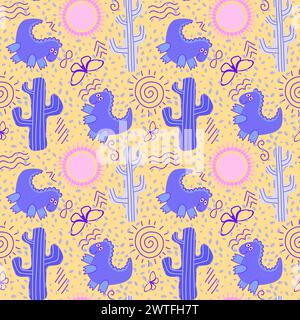 Il cactus dei dinosauri senza cuciture nel deserto estivo e il motivo del sole per avvolgere carta, tessuti e biancheria e la stampa per bambini, nonché la confezione e la parte delle feste Foto Stock