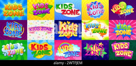 Emblemi della zona per bambini. Badge zona parco giochi per bambini, insegna arcobaleno, logo area giochi per bambini, divertimento o educazione per bambini, etichetta creativa con lettere a fumetti, illustrazione con vettore neoterico del divertimento con emblema della zona Illustrazione Vettoriale
