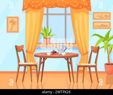 Interno della sala da pranzo. Tavolo da pranzo e sedie in legno, cucina interna, cena di famiglia all'interno di mobili di casa, cartoni animati, illustrazione vettoriale di mobili interni di casa Illustrazione Vettoriale