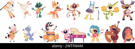 Musicisti animali. Animali divertente musicista che suona musica strumenti festa, leone con chitarra zebra danza maiale comico che celebra il concerto, illustrazione vettoriale dei personaggi animali Illustrazione Vettoriale
