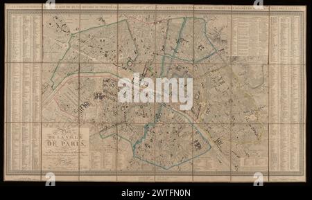 Plan de la ville de Paris : divisé en 12 arrondissemens et 48 quartieri : indiquant tous les changemens faits & projetés / dressé par X. Girard, géographe des Postes ; gravé par Vicq ... ; Écrit par A. Pelicier .., 1820, 1832. Girard, Xavier, attivo nel 1832, cartografo. 1820, 1832 Vallée elenca le precedenti edizioni riviste pubblicate da Goujon nel 1826, e da Goujon e Andriveau nel 1827, 1829 e 1830. Pannello del titolo in basso a sinistra. Elenco vie ai bordi sinistro e destro, indicizzato a rettangoli su piano etichettato orizzontalmente 1-11 e verticalmente A-G. Due barre di scala nel margine inferiore, insieme ai nomi di Foto Stock