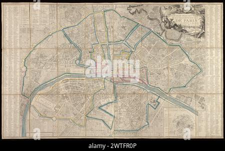 Nouveau plan routier de la ville & faubourgs de Paris : divisé en 12 arrondissemens ou muncommunités, 1799 o 1800. [1799 o 1800] un aggiornamento del piano pubblicato da Esnauts et Rapilly a partire dal 1794 (Boutier, 352D). Su tale piano Parigi è divisa in 48 sezioni, che sono qui mantenute ma sovrapposte dai 12 arrondissement decretati l'11 ottobre 1795. Il piano attuale sarebbe compreso tra Boutier 363 B (AN VII) e C (AN IX). "Renvois des rues qui sont dans le plan" ai margini sinistro e destro, indicizzato alla griglia etichettata A-P, 1-10. "Renvois pour les 48 sections" in alto a sinistra. Pannello del titolo decorato Foto Stock