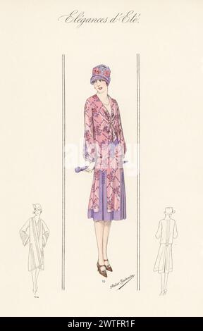 Flapper con cappello e outfit estivo. Donna in abito voile di seta fantasia, pannelli in chiffon 10, cappotto in raso coordinato 10a. Litografia a colori di Atelier Bachwitz di Modell-Kleider fur den Hochsommer, Elegances d'Ete, Fashions for the Hot Season, Atelier Bachwitz AG, Vienna, 1926. Foto Stock