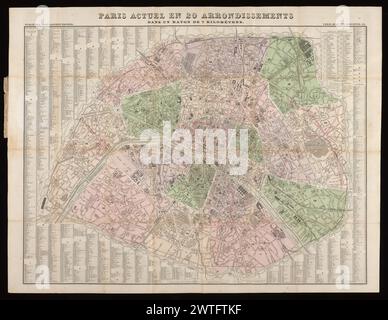 Paris actuel en 20 arrondissements : dans un rayon de 70 kilomètres / gravé par F. Lefèvre, 186-. Lefèvre, F., incisore. [186-] il piano non ha data di pubblicazione, ma presumibilmente è apparso dopo il numero di arrondissements espanso da 12 a 20 il 1° gennaio 1860, ma prima delle edizioni datate apparvero nel 1867 e nel 69. Arrondissements colorati a mano. Nuove strade in corso o previste indicate da linee rosse parallele tracciate a mano. Piano governato in quadrati numerati da 1 a 82, in cui le strade ecc. sono indicizzate. Piano ripiegato montato su P. [3] del coperchio in tela testurizzata verde. È stampigliato a P. [1] e [4] in cieco Foto Stock