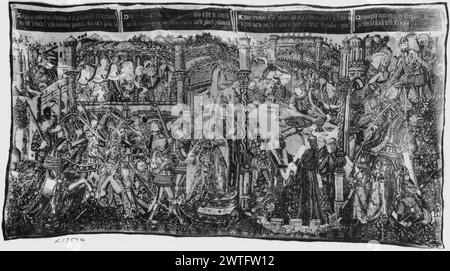 Esther diventa regina: Festa di Assuero e caduta della regina Vashti (Astin). Sconosciuto c. 1500 arazzi materiali/tecniche: Sconosciuta Cultura: Sud dei Paesi Bassi tessitura Centro: Sconosciuta storia di proprietà: French & Co. Iscrizioni: Iscrizione sulla banderola in cima alla scena, a sinistra [illeggibile nella fotografia] iscrizioni: Iscrizione sulla banderola in cima alla scena, a sinistra del centro [illeggibile nella fotografia] iscrizioni: Iscrizione sulla banderola in cima alla scena, a destra del centro [illeggibile nella fotografia] iscrizioni: iscrizione sulla banderola in cima alla scena, a destra [illeggibile nella fotografia] Scene divi Foto Stock