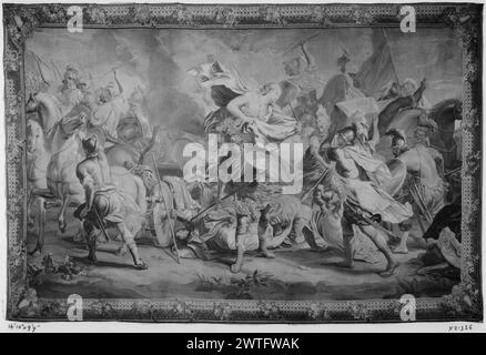 Venere (Afrodite) salva Enea da Diomede. Orley, Jan van (fiammingo, 1665-1735) (disegnatore) c. 1730-1750 arazzi dimensioni: H 9'9' x W 14'10' arazzo materiali/tecniche: Lana e seta Cultura: Francese tessitura Centro: Aubusson storia della proprietà: Venduto al Duc de Trévise Coll., Parigi, 5/19/1938, lotto 48-B. French & Co. (?). J. Paul Getty College, 1951. Stati Uniti, California, Los Angeles, Los Angeles County Museum of Art, accno. 51.36.4. Scena di battaglia con soldati, cavalieri con armi e carro trainato da cavalli; Diomede (R) sta per lanciare grandi pietre su Enea che tentano Foto Stock