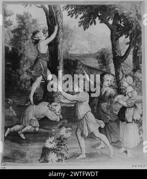 Ragazzo che arrampica sull'albero. Sconosciuto c. 1650-1660 arazzi dimensioni: H 5'4' x W 4'7' arazzi materiali/tecniche: Sconosciuta Cultura: Francese tessitura Centro: Parigi storia di proprietà: French & Co. Il ragazzo si alza dietro un altro ragazzo per entrare nell'albero mentre un altro ragazzo e 2 ragazze guardano; 1 ragazza tiene i bordi della bambola del bambino mancanti. Cinque pannelli in set. Nessun foglio di stock French & Co. In archivio, nessun numero di stock lavori correlati: Pannelli in set: GCPA 0244089, 0244091-0244096 Foto Stock