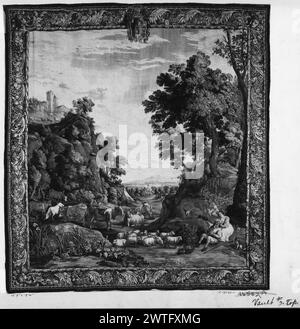 Scena pastorale. Teniers, David II (fiammingo, 1610-1690) (disegnato dopo) [pittore] Borcht, Gaspard van der (fiammingo, 1700-d.1742) (laboratorio) [tessitore] c. 1700-1740 arazzi dimensioni: H 13'4' x W 12'3' arazzi materiali/tecniche: Cultura sconosciuta: Tessitura fiamminga Centro: Bruxelles Proprietà storia: Conte di Crawford & Balcames coll. French & Co. Ricevuto da C. McCormack 20/3/1931; restituito 23/6/1936. Iscrizioni: Segno della città sulla protezione inferiore, a sinistra del centro iscrizioni: Iscrizione nel campo centrale, angolo in basso a destra: D. DIECI [IERS] iscrizioni: Firma tessuta nella guardia inferiore, a destra del centro: Foto Stock