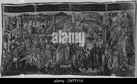 Esther diventa regina: Festa di Assuero e caduta della regina Vashti (Astin). Sconosciuto c. 1500 arazzi materiali/tecniche: Sconosciuta Cultura: Sud dei Paesi Bassi tessitura Centro: Sconosciuta storia di proprietà: French & Co. Iscrizioni: Iscrizione sulla banderola in cima alla scena, a sinistra [illeggibile nella fotografia] iscrizioni: Iscrizione sulla banderola in cima alla scena, a sinistra del centro [illeggibile nella fotografia] iscrizioni: Iscrizione sulla banderola in cima alla scena, a destra del centro [illeggibile nella fotografia] iscrizioni: iscrizione sulla banderola in cima alla scena, a destra [illeggibile nella fotografia] Scene divi Foto Stock