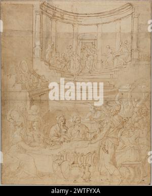 La festa nuziale a Cana. Lavinia Fontana (italiano, 1552 - 1614) circa 1575-1580, Un gruppo di figure siede su un lungo tavolo in primo piano, mentre dietro di loro le scale si innalzano su un portico semicircolare. Questo disegno, caratterizzato da una scena della festa biblica di nozze a Cana, è il principale studio compositivo che Lavinia Fontana fece per preparare il suo dipinto dello stesso soggetto, sempre al Getty (2022.28). Un attento esame e uno studio tecnico della pittura e del disegno rivelano i dettagli del processo creativo di Lavinia. Anche suo padre, Prospero, era un pittore, e basò la sua composizione su disegni avai Foto Stock